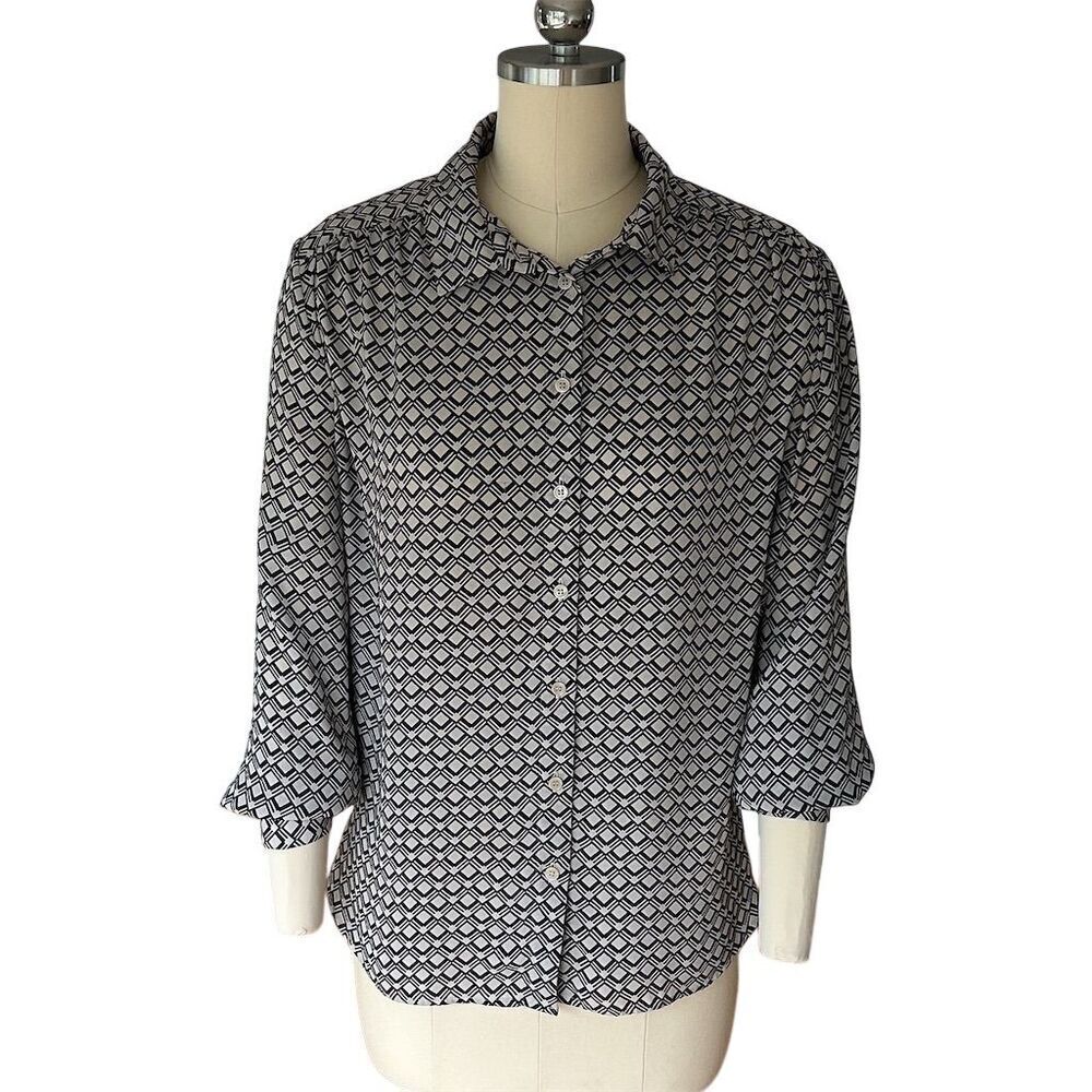 H&M Women's M Black & White Geometric Print Button-Up Blouse - Picture 8 of 12